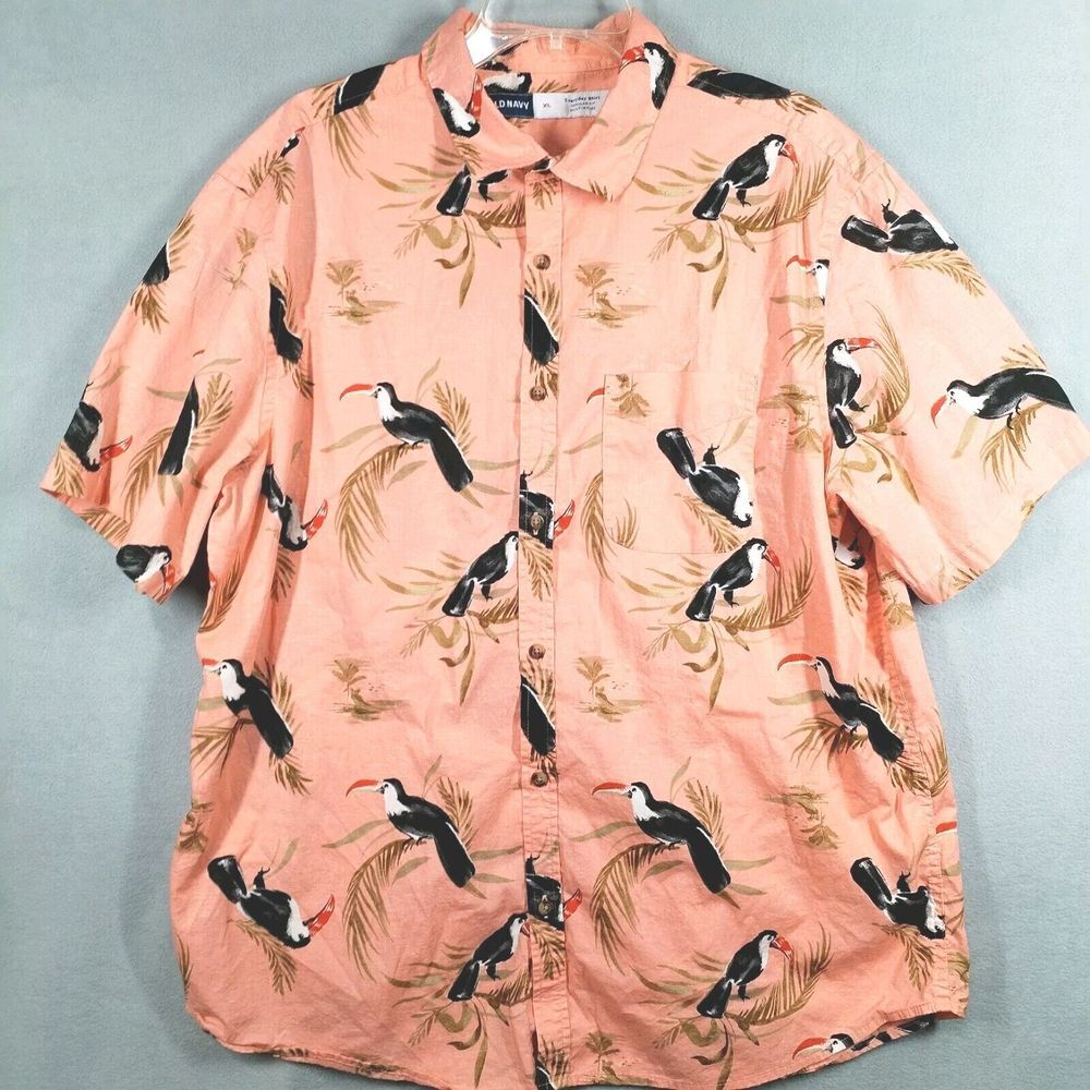 Old Navy Men XL Everyday Shirt Hawaiian Toucan Regular Fit Stretch Built-In Flex